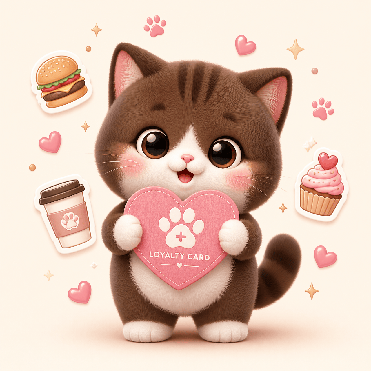 Gatinho mascote do Miau+ segurando cartão fidelidade